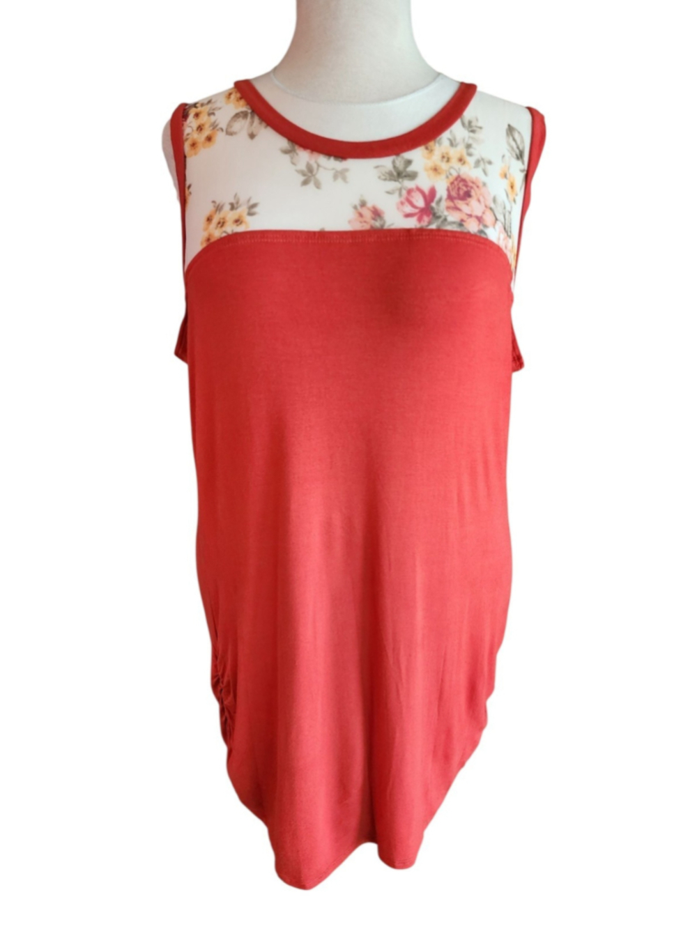 mai soli Floral Mesh Yoke Tank Top Women 3XL Rust Red Ruched Side Tunic NWOT